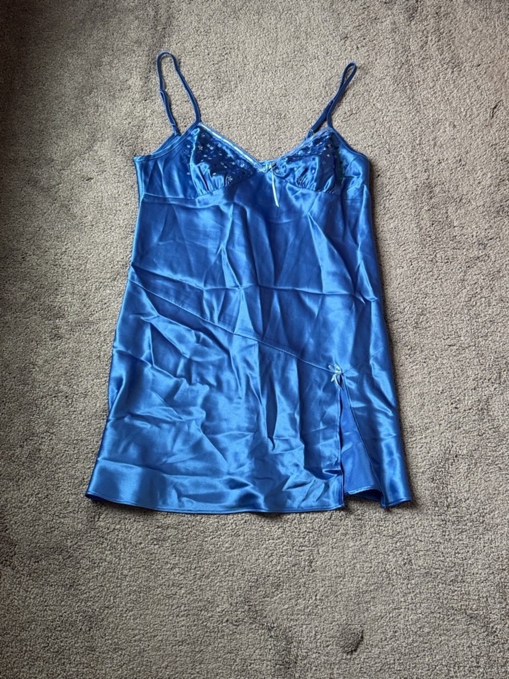 Morgan Taylor Blue Satin Lace Trim Chemise Nightgown Sleepwear SIZE M